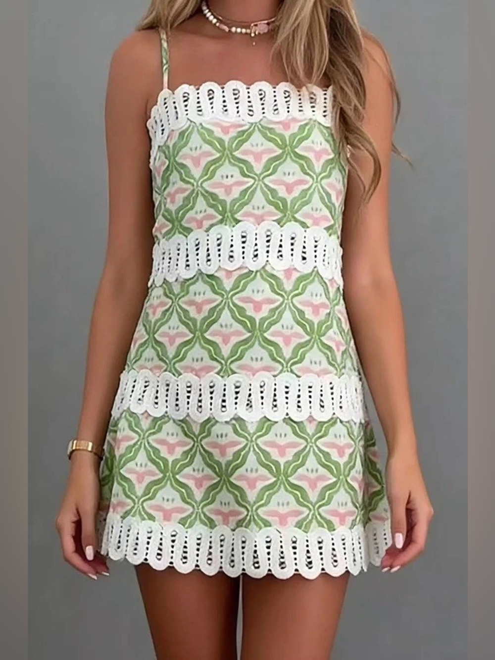 NWT Lace-Trim Green Patterned Mini Dress - Picture 3 of 5
